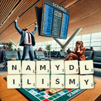 Kreatywna ilustracja do gry w Scrabble ze słowem NAMYDLILIŚMY ułożonym z płytek na planszy.