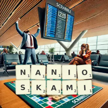 Kreatywna ilustracja do gry w Scrabble ze słowem NANIOSKAMI ułożonym z płytek na planszy.