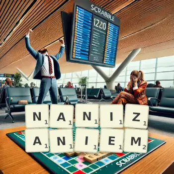 Kreatywna ilustracja do gry w Scrabble ze słowem NANIZANIEM ułożonym z płytek na planszy.