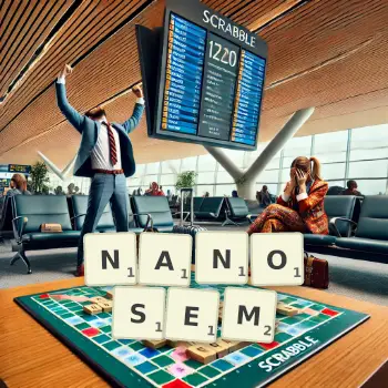 Kreatywna ilustracja do gry w Scrabble ze słowem NANOSEM ułożonym z płytek na planszy.