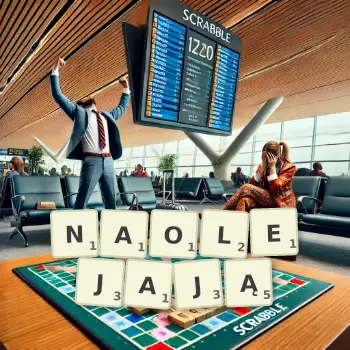 Kreatywna ilustracja do gry w Scrabble ze słowem NAOLEJAJĄ ułożonym z płytek na planszy.
