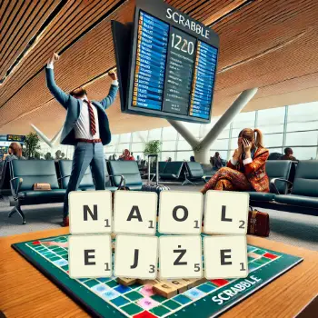 Kreatywna ilustracja do gry w Scrabble ze słowem NAOLEJŻE ułożonym z płytek na planszy.