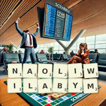 Kreatywna ilustracja do gry w Scrabble ze słowem NAOLIWILABYM ułożonym z płytek na planszy.
