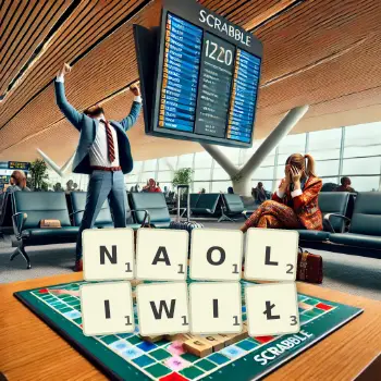 Kreatywna ilustracja do gry w Scrabble ze słowem NAOLIWIŁ ułożonym z płytek na planszy.