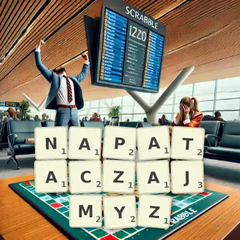 Kreatywna ilustracja do gry w Scrabble ze słowem NAPATACZAJMYZ ułożonym z płytek na planszy.