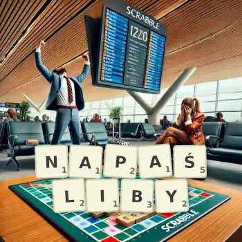 Kreatywna ilustracja do gry w Scrabble ze słowem NAPAŚLIBY ułożonym z płytek na planszy.