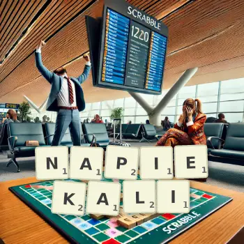 Kreatywna ilustracja do gry w Scrabble ze słowem NAPIEKALI ułożonym z płytek na planszy.
