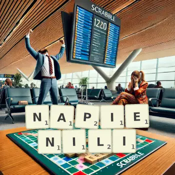 Kreatywna ilustracja do gry w Scrabble ze słowem NAPIENILI ułożonym z płytek na planszy.