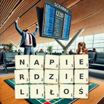 Kreatywna ilustracja do gry w Scrabble ze słowem NAPIERDZIELIŁOŚ ułożonym z płytek na planszy.