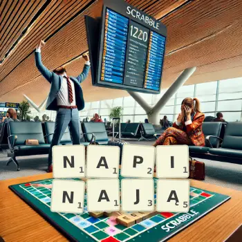 Kreatywna ilustracja do gry w Scrabble ze słowem NAPINAJĄ ułożonym z płytek na planszy.