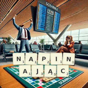 Kreatywna ilustracja do gry w Scrabble ze słowem NAPINAJĄC ułożonym z płytek na planszy.