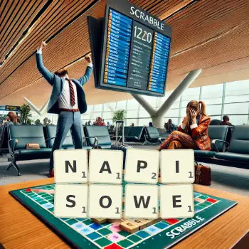 Kreatywna ilustracja do gry w Scrabble ze słowem NAPISOWE ułożonym z płytek na planszy.