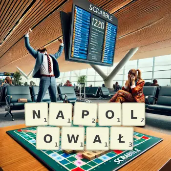 Kreatywna ilustracja do gry w Scrabble ze słowem NAPOLOWAŁ ułożonym z płytek na planszy.