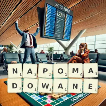 Kreatywna ilustracja do gry w Scrabble ze słowem NAPOMADOWANE ułożonym z płytek na planszy.