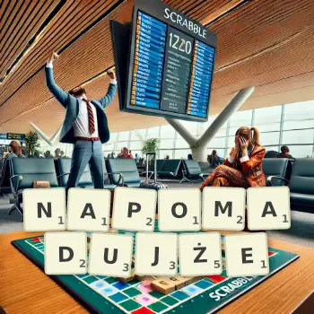 Kreatywna ilustracja do gry w Scrabble ze słowem NAPOMADUJŻE ułożonym z płytek na planszy.