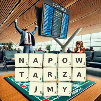 Kreatywna ilustracja do gry w Scrabble ze słowem NAPOWTARZAJMY ułożonym z płytek na planszy.