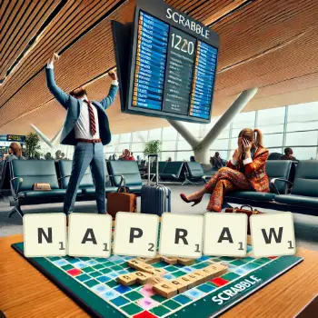 Kreatywna ilustracja do gry w Scrabble ze słowem NAPRAW ułożonym z płytek na planszy.