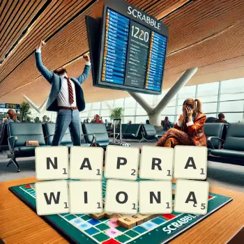 Kreatywna ilustracja do gry w Scrabble ze słowem NAPRAWIONĄ ułożonym z płytek na planszy.