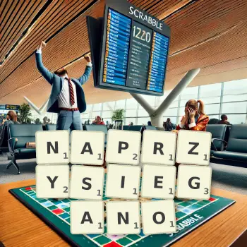 Kreatywna ilustracja do gry w Scrabble ze słowem NAPRZYSIEGANO ułożonym z płytek na planszy.