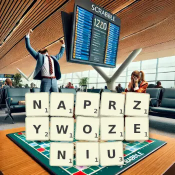 Kreatywna ilustracja do gry w Scrabble ze słowem NAPRZYWOZENIU ułożonym z płytek na planszy.