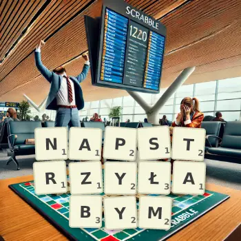Kreatywna ilustracja do gry w Scrabble ze słowem NAPSTRZYŁABYM ułożonym z płytek na planszy.