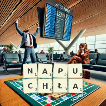 Kreatywna ilustracja do gry w Scrabble ze słowem NAPUCHŁA ułożonym z płytek na planszy.