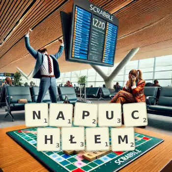 Kreatywna ilustracja do gry w Scrabble ze słowem NAPUCHŁEM ułożonym z płytek na planszy.