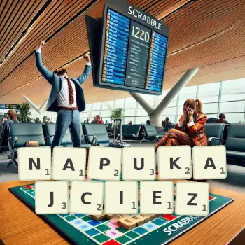 Kreatywna ilustracja do gry w Scrabble ze słowem NAPUKAJCIEZ ułożonym z płytek na planszy.