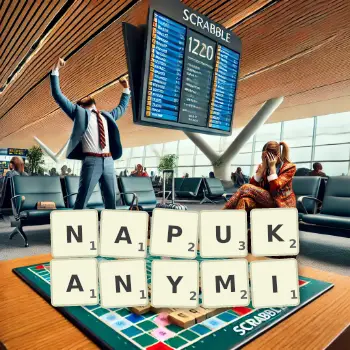 Kreatywna ilustracja do gry w Scrabble ze słowem NAPUKANYMI ułożonym z płytek na planszy.