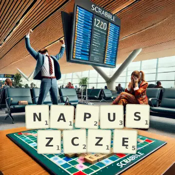 Kreatywna ilustracja do gry w Scrabble ze słowem NAPUSZCZĘ ułożonym z płytek na planszy.