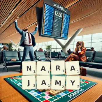 Kreatywna ilustracja do gry w Scrabble ze słowem NARAJAMY ułożonym z płytek na planszy.