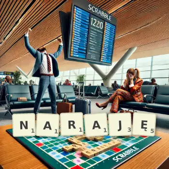 Kreatywna ilustracja do gry w Scrabble ze słowem NARAJĘ ułożonym z płytek na planszy.
