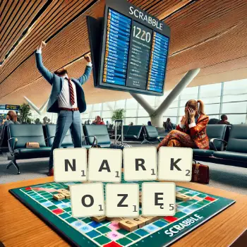 Kreatywna ilustracja do gry w Scrabble ze słowem NARKOZĘ ułożonym z płytek na planszy.
