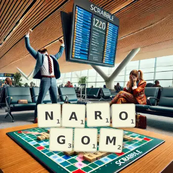 Kreatywna ilustracja do gry w Scrabble ze słowem NAROGOM ułożonym z płytek na planszy.