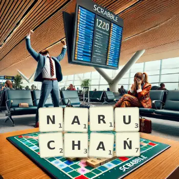 Kreatywna ilustracja do gry w Scrabble ze słowem NARUCHAŃ ułożonym z płytek na planszy.