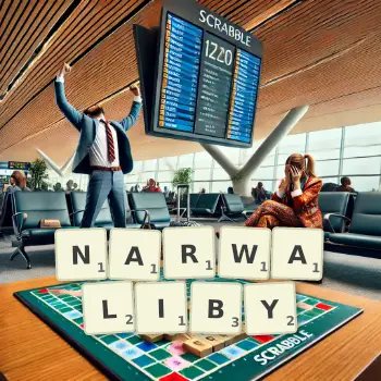 Kreatywna ilustracja do gry w Scrabble ze słowem NARWALIBY ułożonym z płytek na planszy.