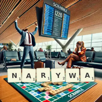 Kreatywna ilustracja do gry w Scrabble ze słowem NARYWA ułożonym z płytek na planszy.
