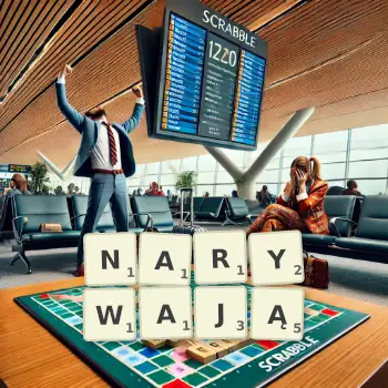Kreatywna ilustracja do gry w Scrabble ze słowem NARYWAJĄ ułożonym z płytek na planszy.