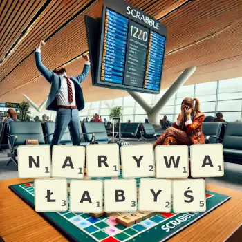 Kreatywna ilustracja do gry w Scrabble ze słowem NARYWAŁABYŚ ułożonym z płytek na planszy.