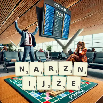 Kreatywna ilustracja do gry w Scrabble ze słowem NARZNIJŻE ułożonym z płytek na planszy.