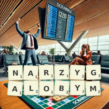 Kreatywna ilustracja do gry w Scrabble ze słowem NARZYGALOBYM ułożonym z płytek na planszy.