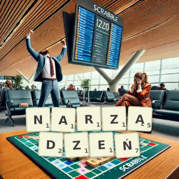 Kreatywna ilustracja do gry w Scrabble ze słowem NARZĄDZEŃ ułożonym z płytek na planszy.