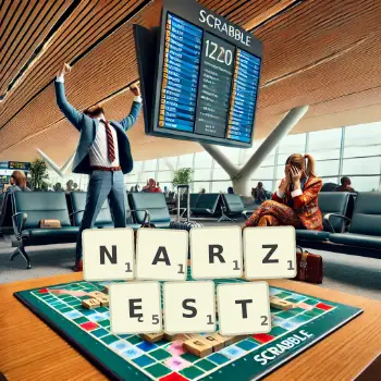 Kreatywna ilustracja do gry w Scrabble ze słowem NARZĘST ułożonym z płytek na planszy.