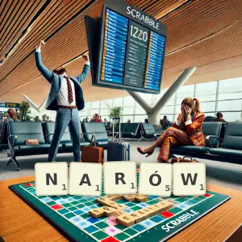 Kreatywna ilustracja do gry w Scrabble ze słowem NARÓW ułożonym z płytek na planszy.