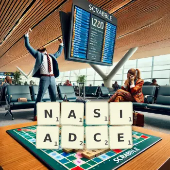 Kreatywna ilustracja do gry w Scrabble ze słowem NASIADCE ułożonym z płytek na planszy.