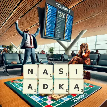 Kreatywna ilustracja do gry w Scrabble ze słowem NASIADKĄ ułożonym z płytek na planszy.