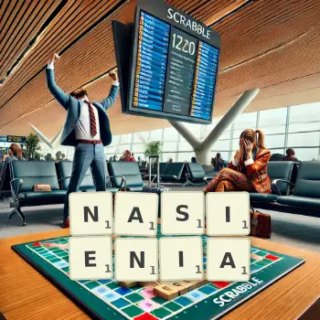 Kreatywna ilustracja do gry w Scrabble ze słowem NASIENIA ułożonym z płytek na planszy.