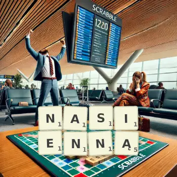 Kreatywna ilustracja do gry w Scrabble ze słowem NASIENNĄ ułożonym z płytek na planszy.