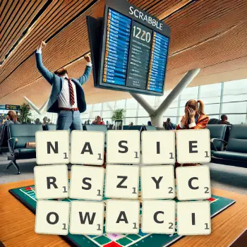 Kreatywna ilustracja do gry w Scrabble ze słowem NASIERSZYCOWACI ułożonym z płytek na planszy.