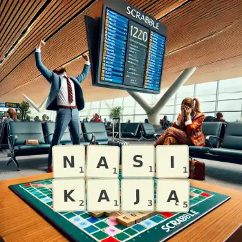 Kreatywna ilustracja do gry w Scrabble ze słowem NASIKAJĄ ułożonym z płytek na planszy.